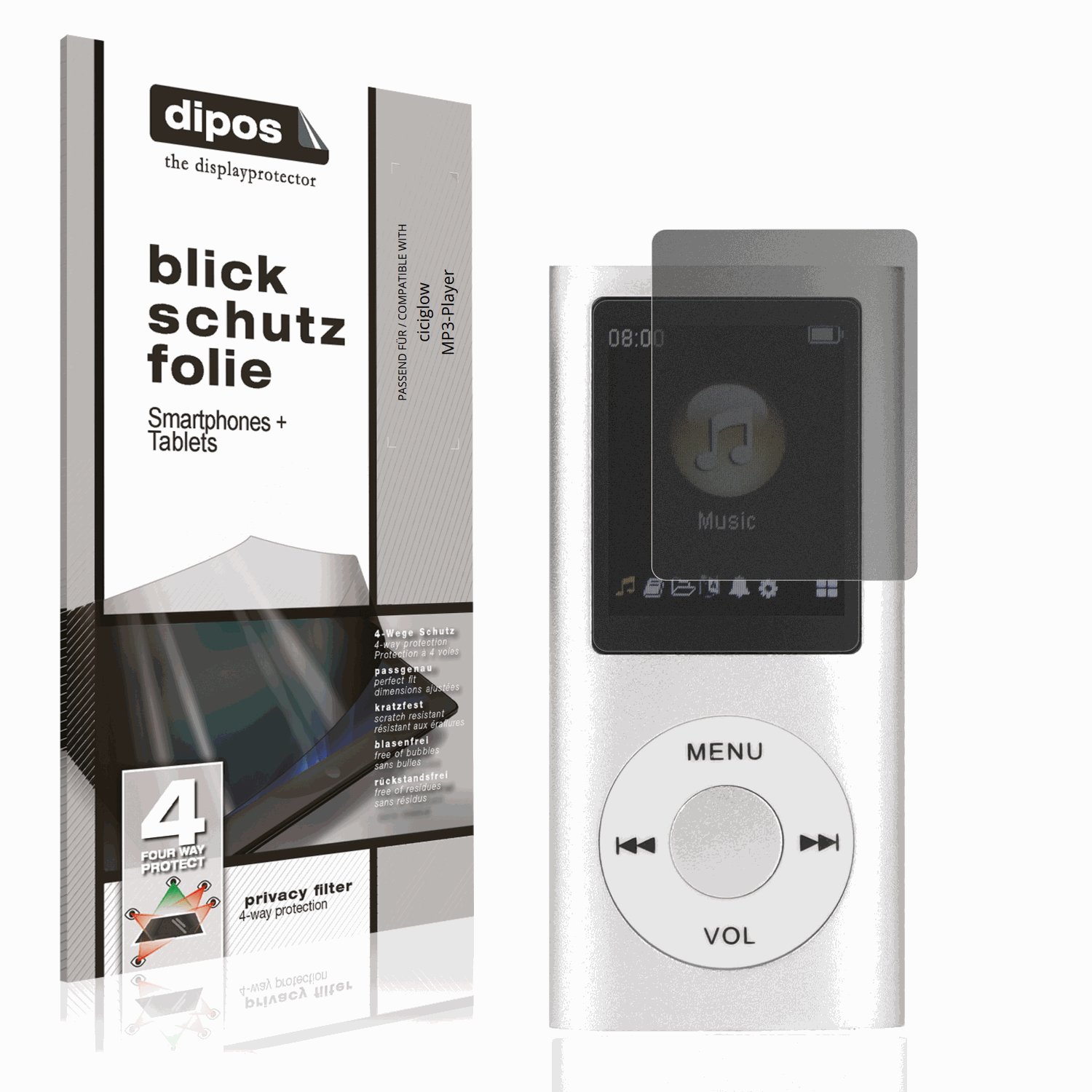 Blickschutzfolie von dipos passend für ciciglow MP3-Player, präziser Zuschnitt und blasenfrei montiert