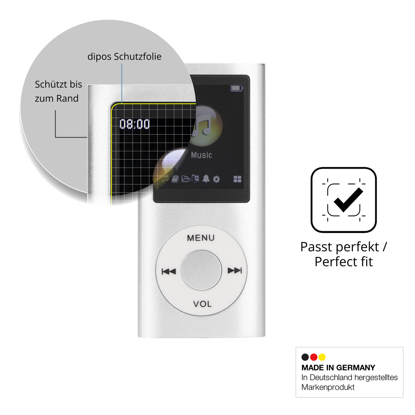 Schutz gegen Kratzer auf dem ciciglow MP3-Player Glas durch Schlüssel oder Ähnliches