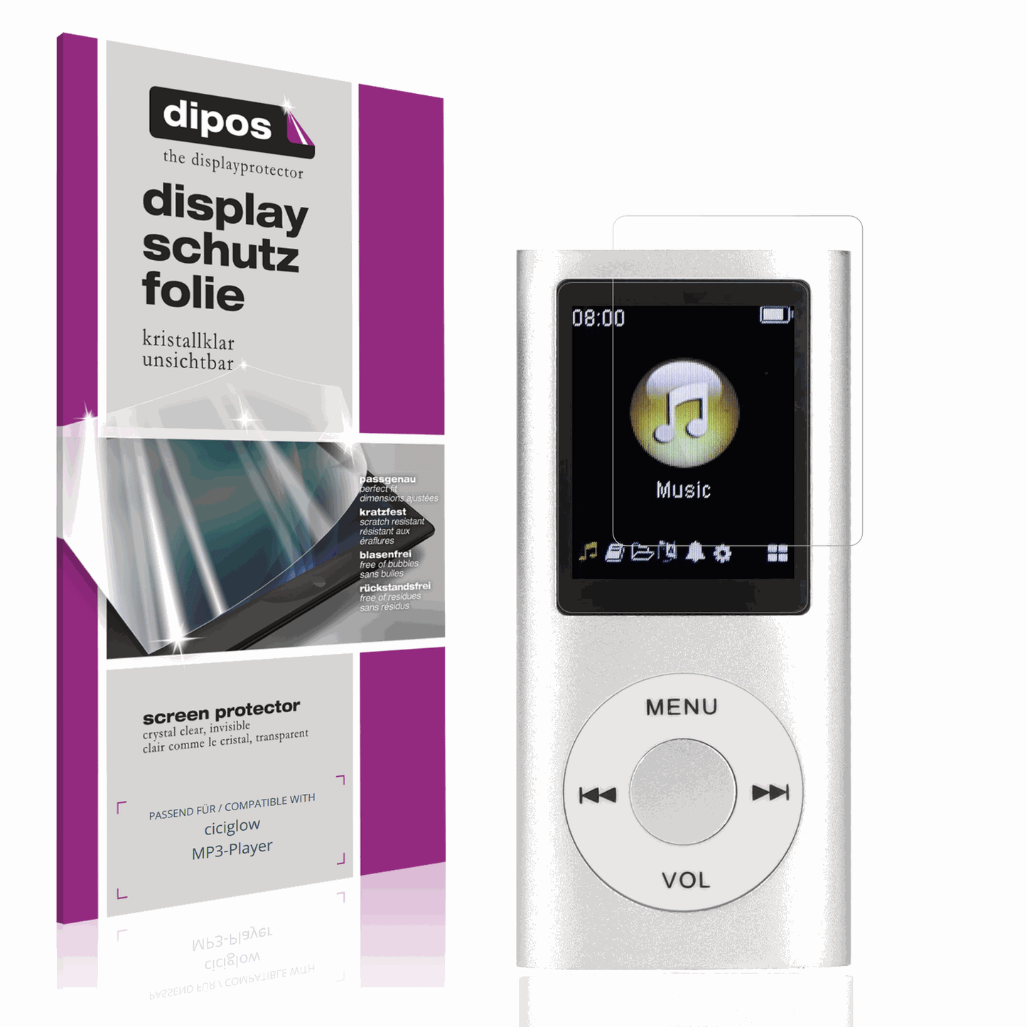 Klare Displayschutzfolie von dipos passend für ciciglow MP3-Player, präziser Zuschnitt und blasenfrei montiert