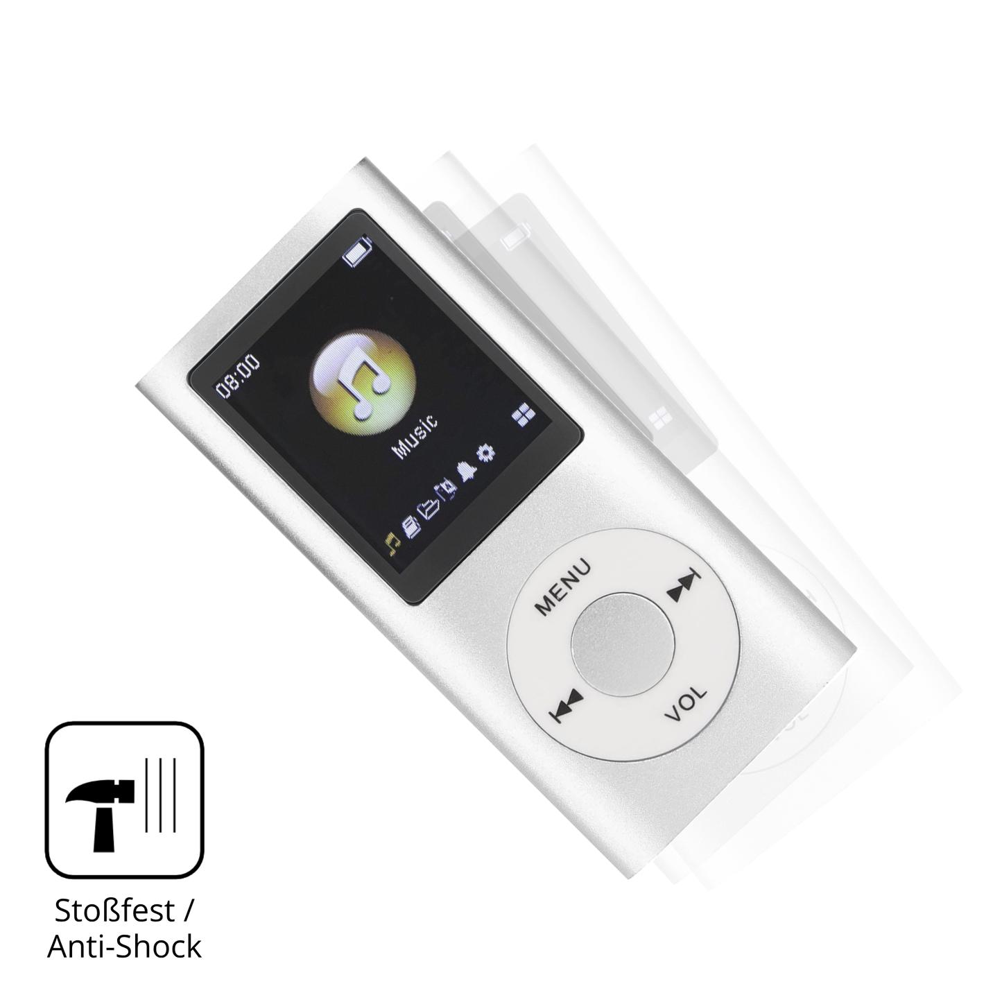 Schutz gegen Kratzer auf dem ciciglow MP3-Player Glas durch Schlüssel, Stöße gegen die Tischkante oder Stürze