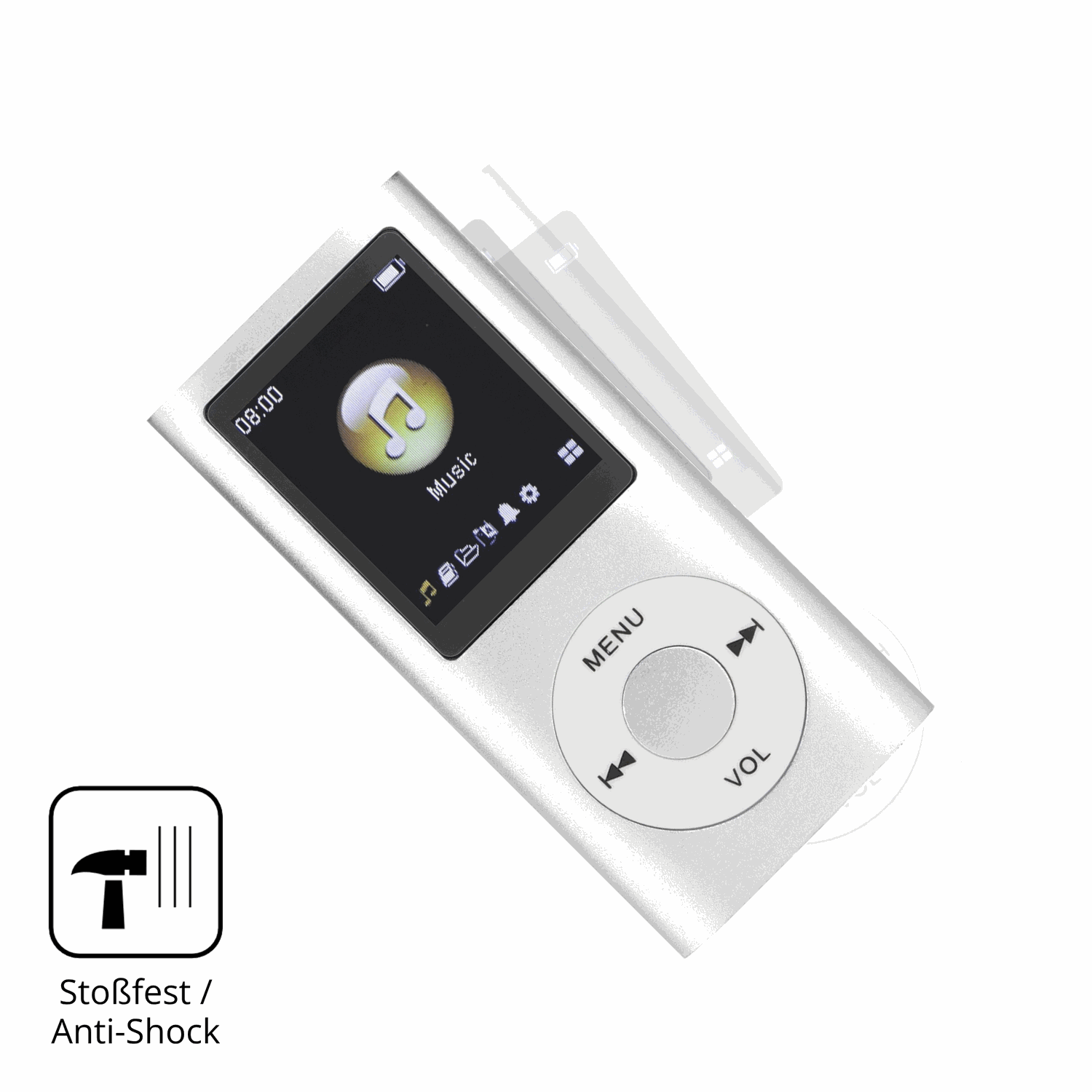 Schutz gegen Kratzer auf dem ciciglow MP3-Player Glas durch Schlüssel, Stöße gegen die Tischkante oder Stürze