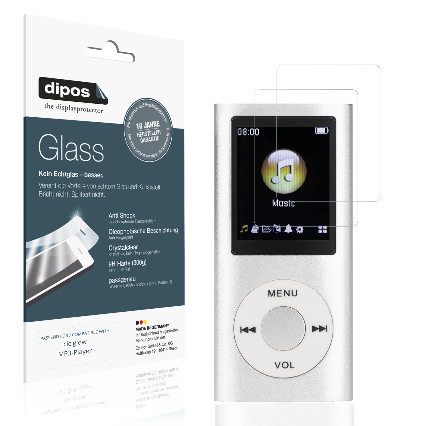 Klare Displayschutzfolie von dipos passend für ciciglow MP3-Player, 9H kratzfest und blasenfrei montiert