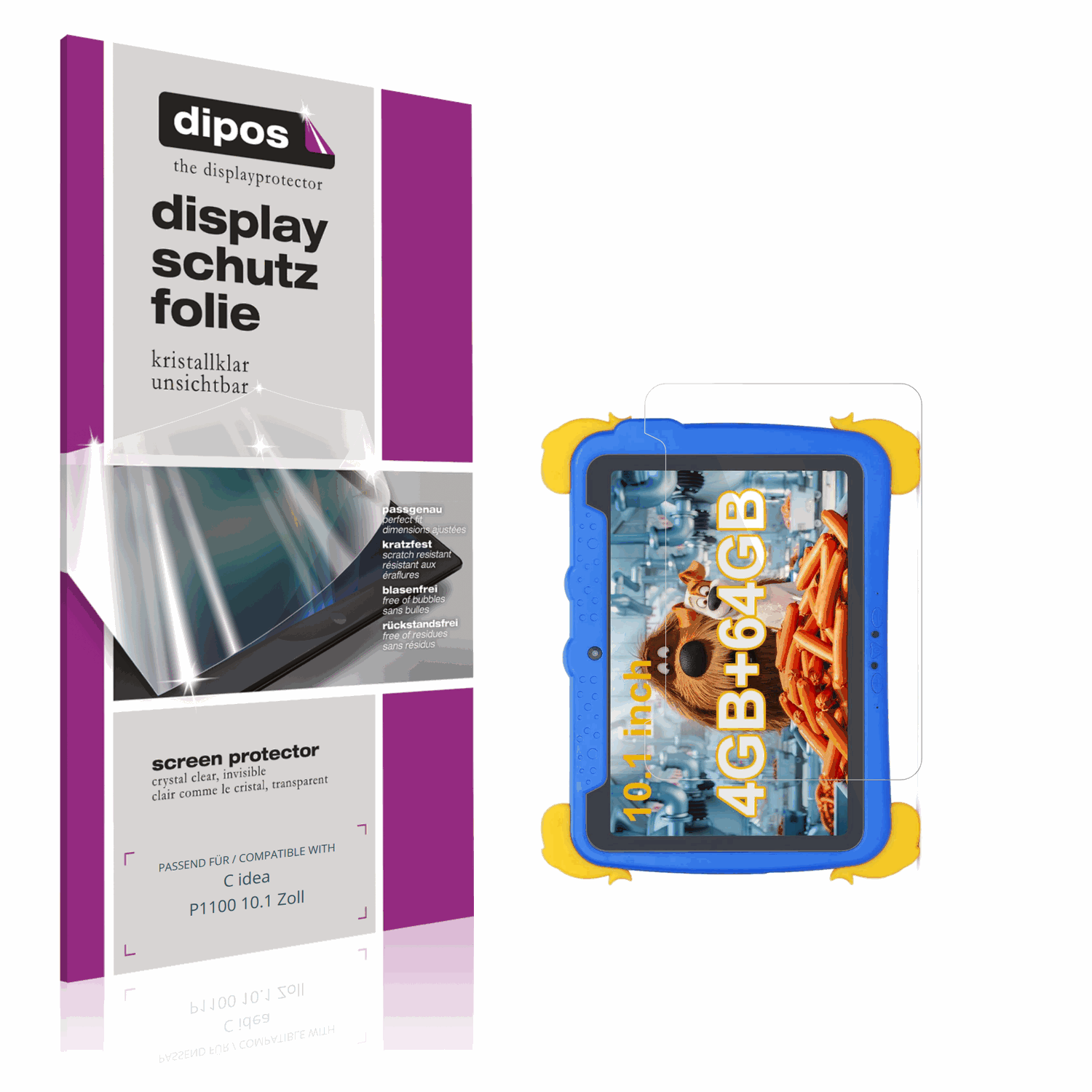 Klare Displayschutzfolie von dipos passend für C idea P1100 10.1 Zoll, präziser Zuschnitt und blasenfrei montiert