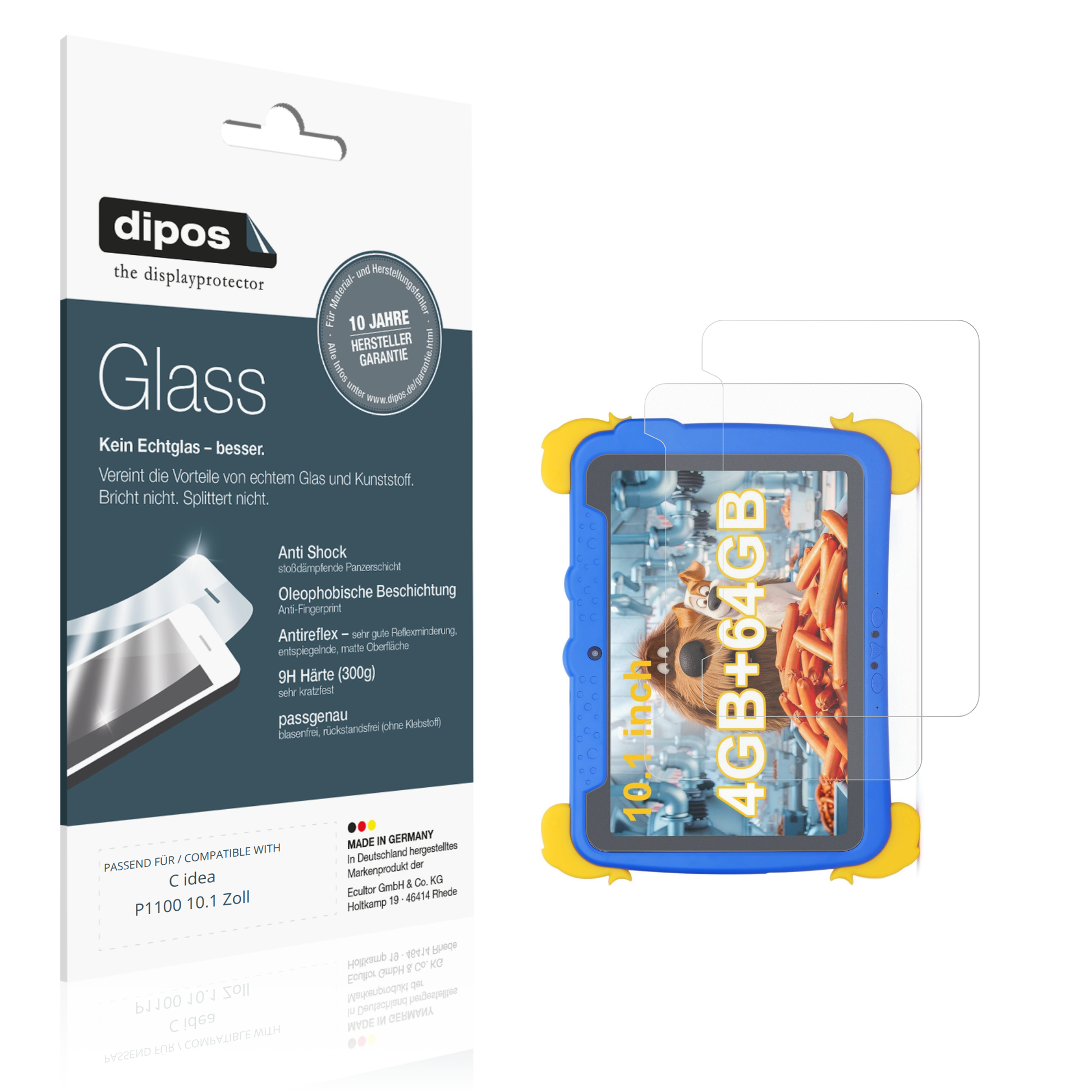 Matte Displayschutzfolie von dipos passend für C idea P1100 10.1 Zoll, 9H kratzfest und blasenfrei montiert