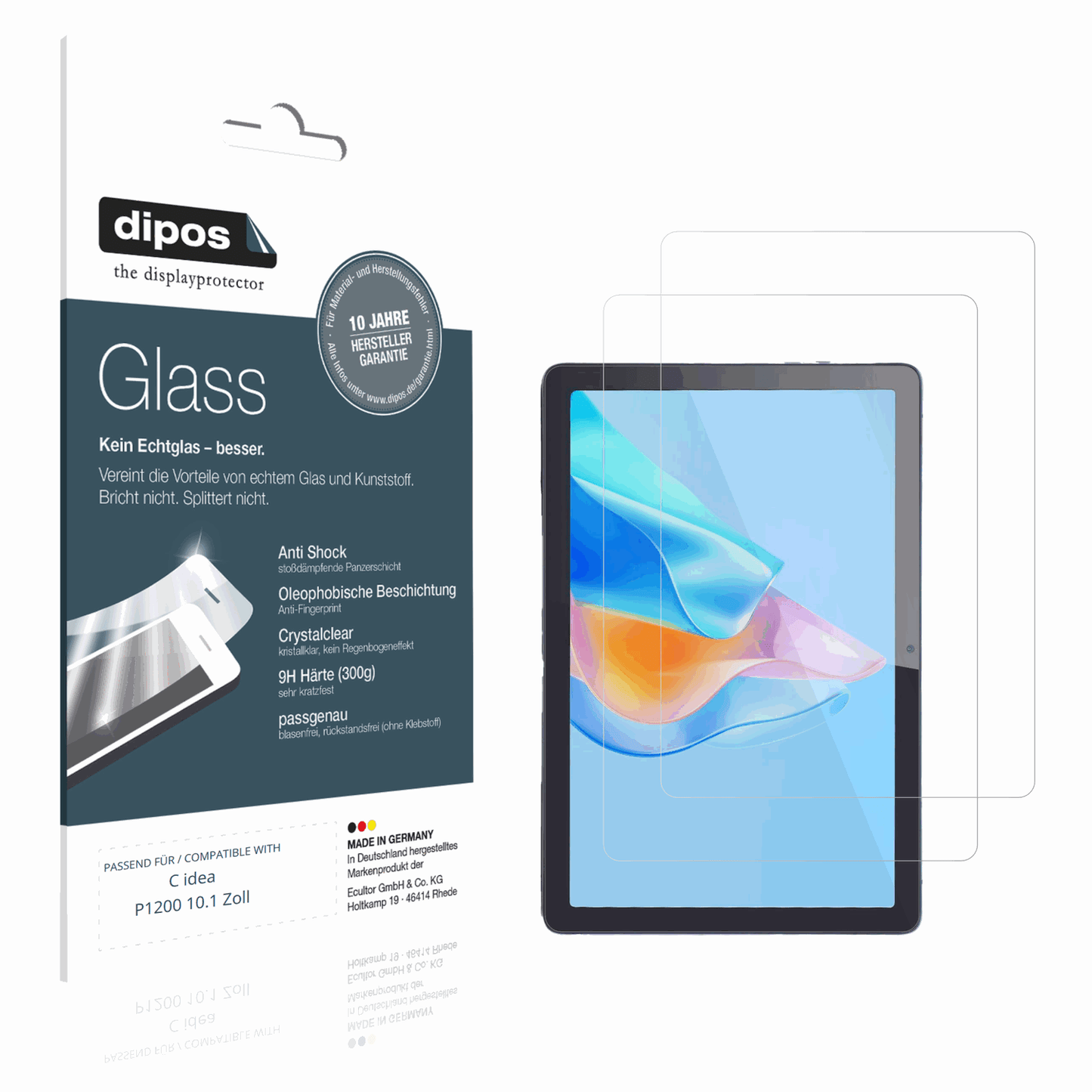 Klare Displayschutzfolie von dipos passend für C idea P1200 10.1 Zoll, 9H kratzfest und blasenfrei montiert