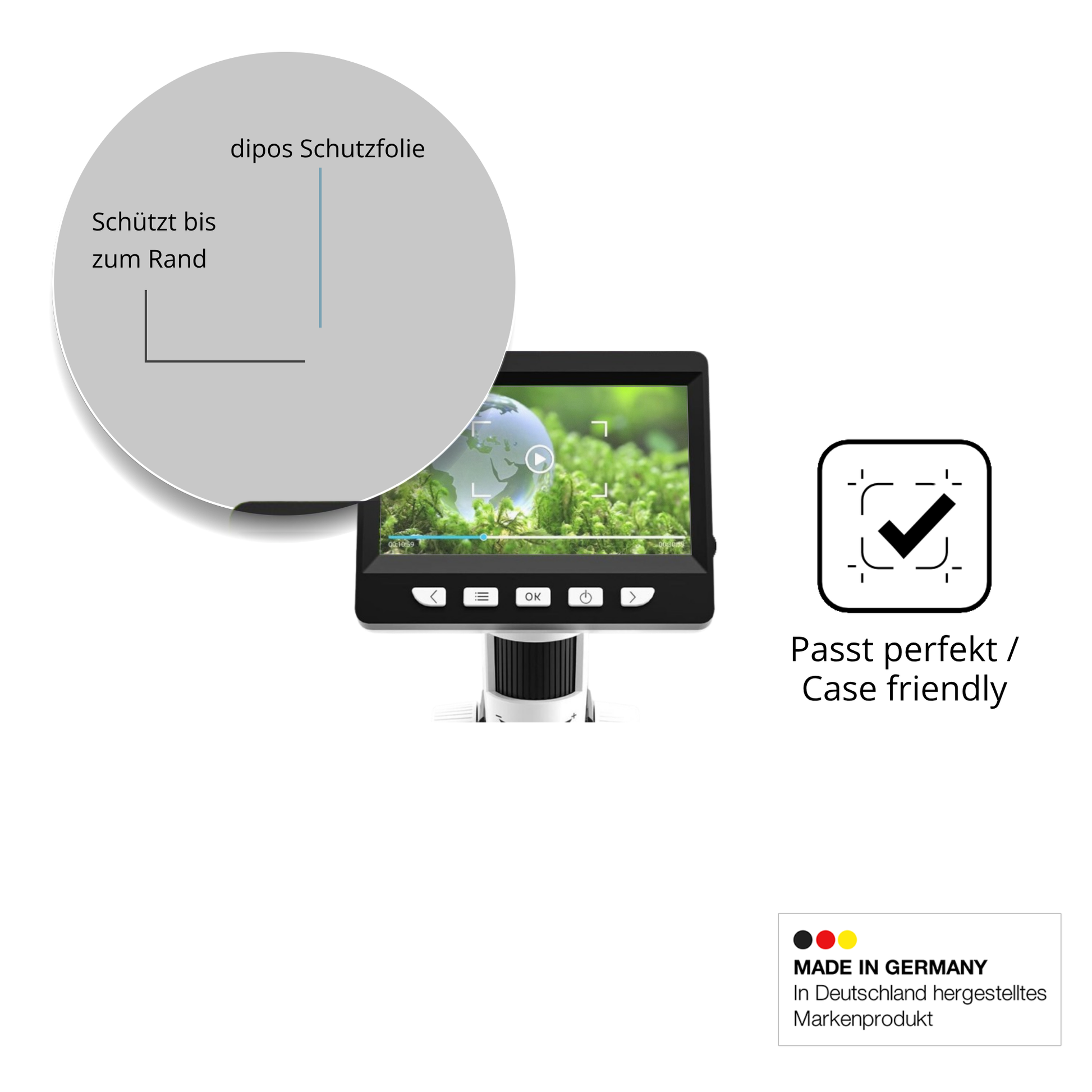 Schutzglasfolie mit optimaler Passform, zur Verwendung mit Hüllen geeignet