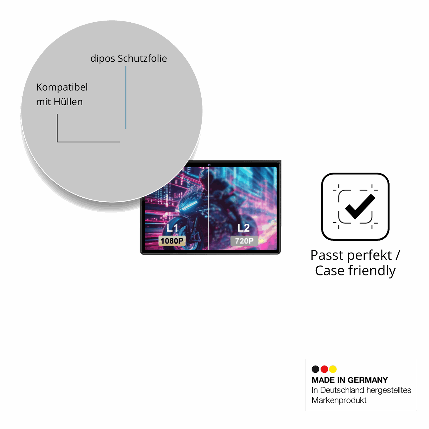 Schutzfolie mit optimaler Passform, zur Verwendung mit Hüllen geeignet