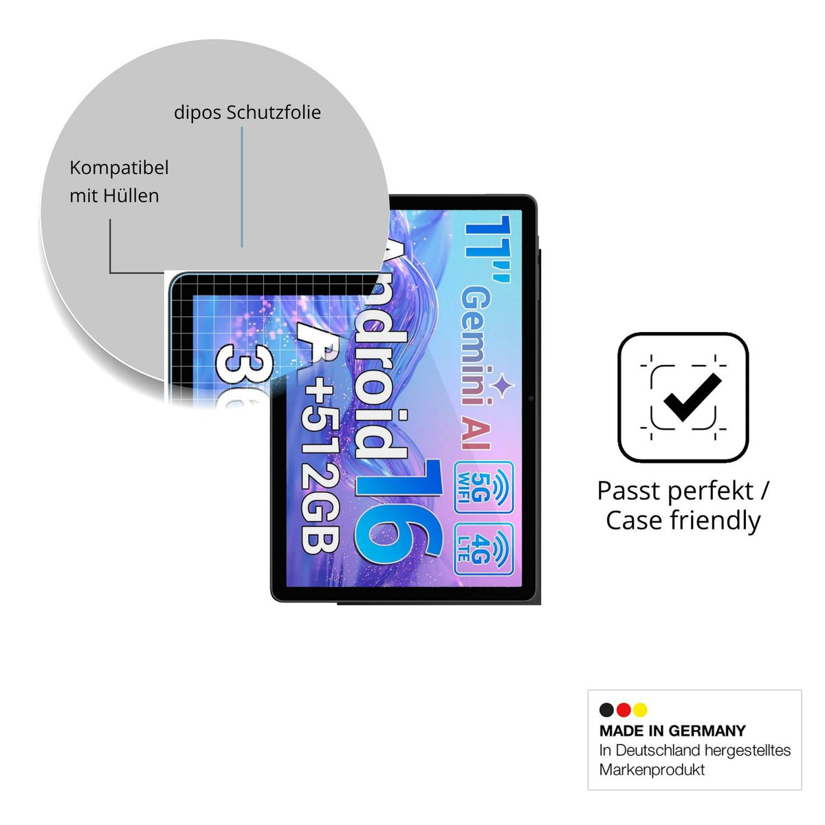 Schutzfolie mit optimaler Passform, zur Verwendung mit Hüllen geeignet