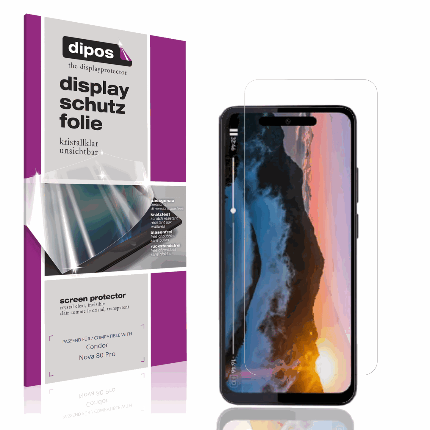 Klare Displayschutzfolie von dipos passend für Condor Nova 80 Pro, präziser Zuschnitt und blasenfrei montiert
