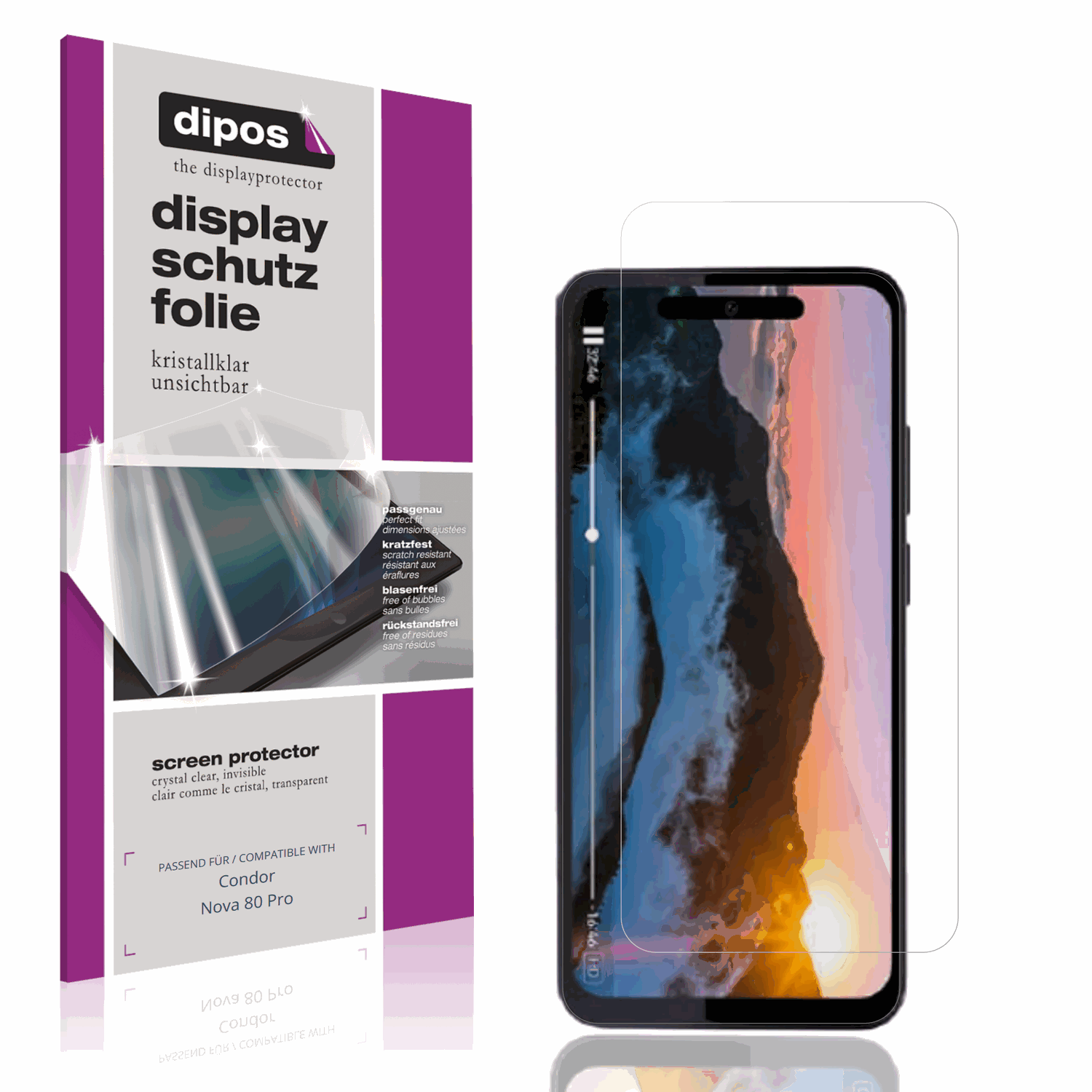 Klare Displayschutzfolie von dipos passend für Condor Nova 80 Pro, präziser Zuschnitt und blasenfrei montiert