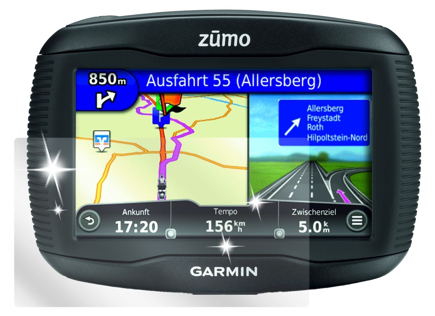 390LM ZumoGarmin mit aufgebrachter dipos Displayschutzfolie, glasklare Darstellung ohne Einschränkungen