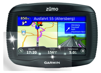 390LM ZumoGarmin mit aufgebrachter dipos Displayschutzfolie, glasklare Darstellung ohne Einschränkungen