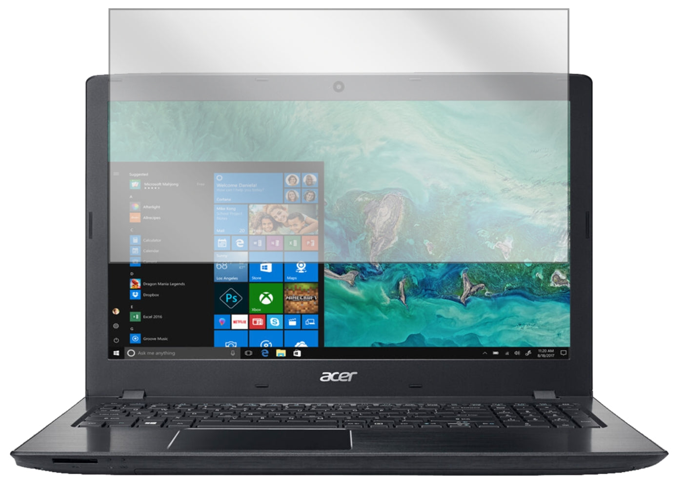 AcerAspire E 15 mit aufgebrachter dipos Displayschutzfolie, glasklare Darstellung ohne Einschränkungen