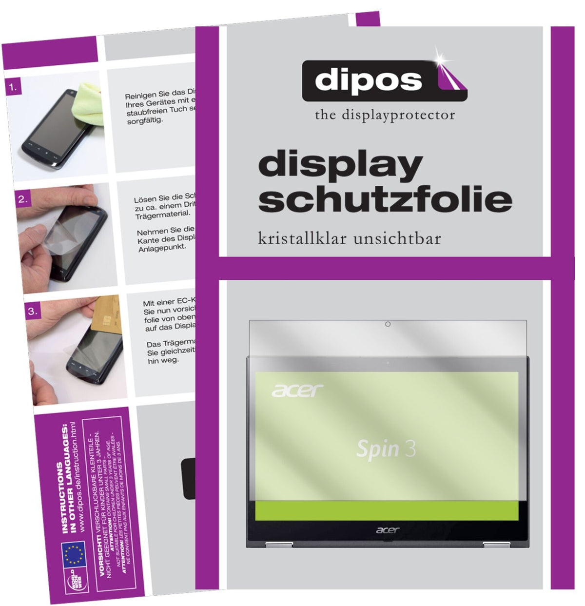 AcerSpin 3 SP314-51-34CD mit aufgebrachter dipos Displayschutzfolie, glasklare Darstellung ohne Einschränkungen