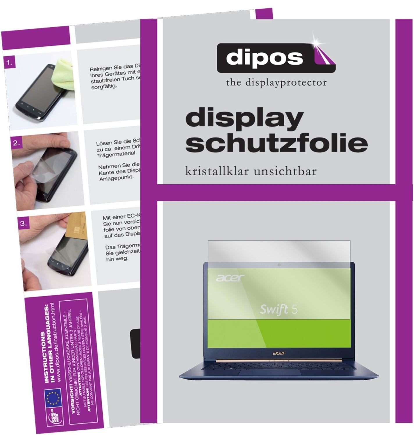 AcerSwift 5 SF514-52T mit aufgebrachter dipos Displayschutzfolie, glasklare Darstellung ohne Einschränkungen