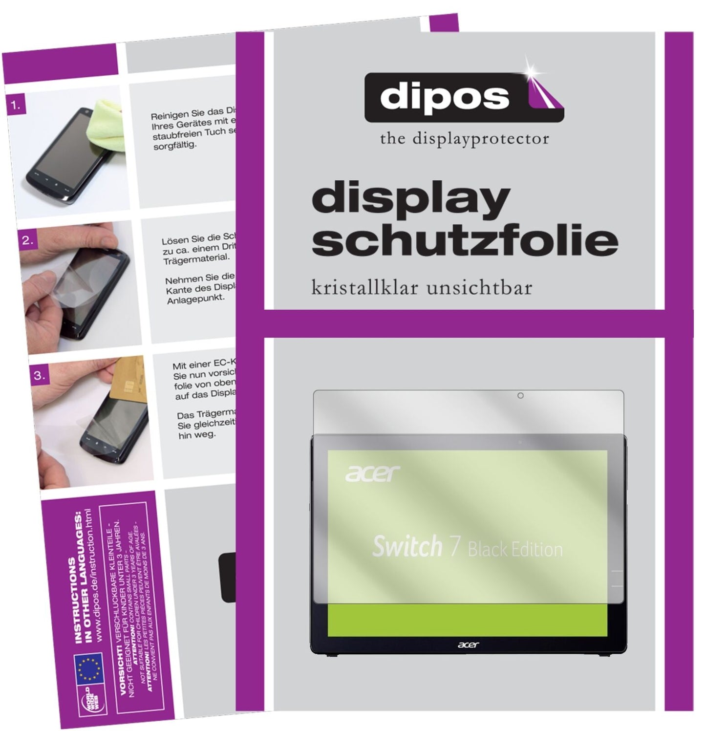 AcerSwitch 7 mit aufgebrachter dipos Displayschutzfolie, glasklare Darstellung ohne Einschränkungen