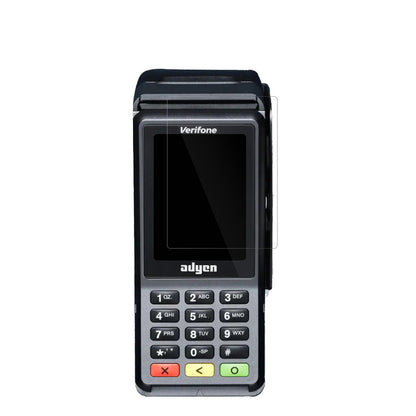 AdyenV400c Plus mit aufgebrachter dipos Displayschutzfolie, glasklare Darstellung ohne Einschränkungen