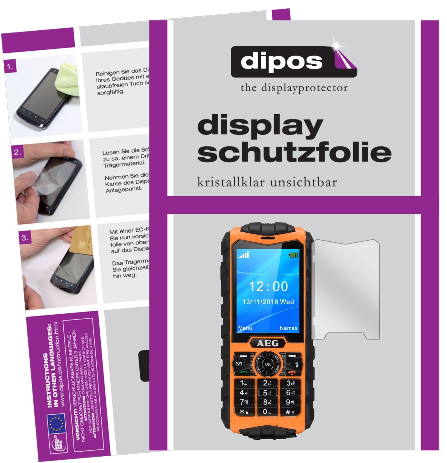 AEGM550 mit aufgebrachter dipos Displayschutzfolie, glasklare Darstellung ohne Einschränkungen