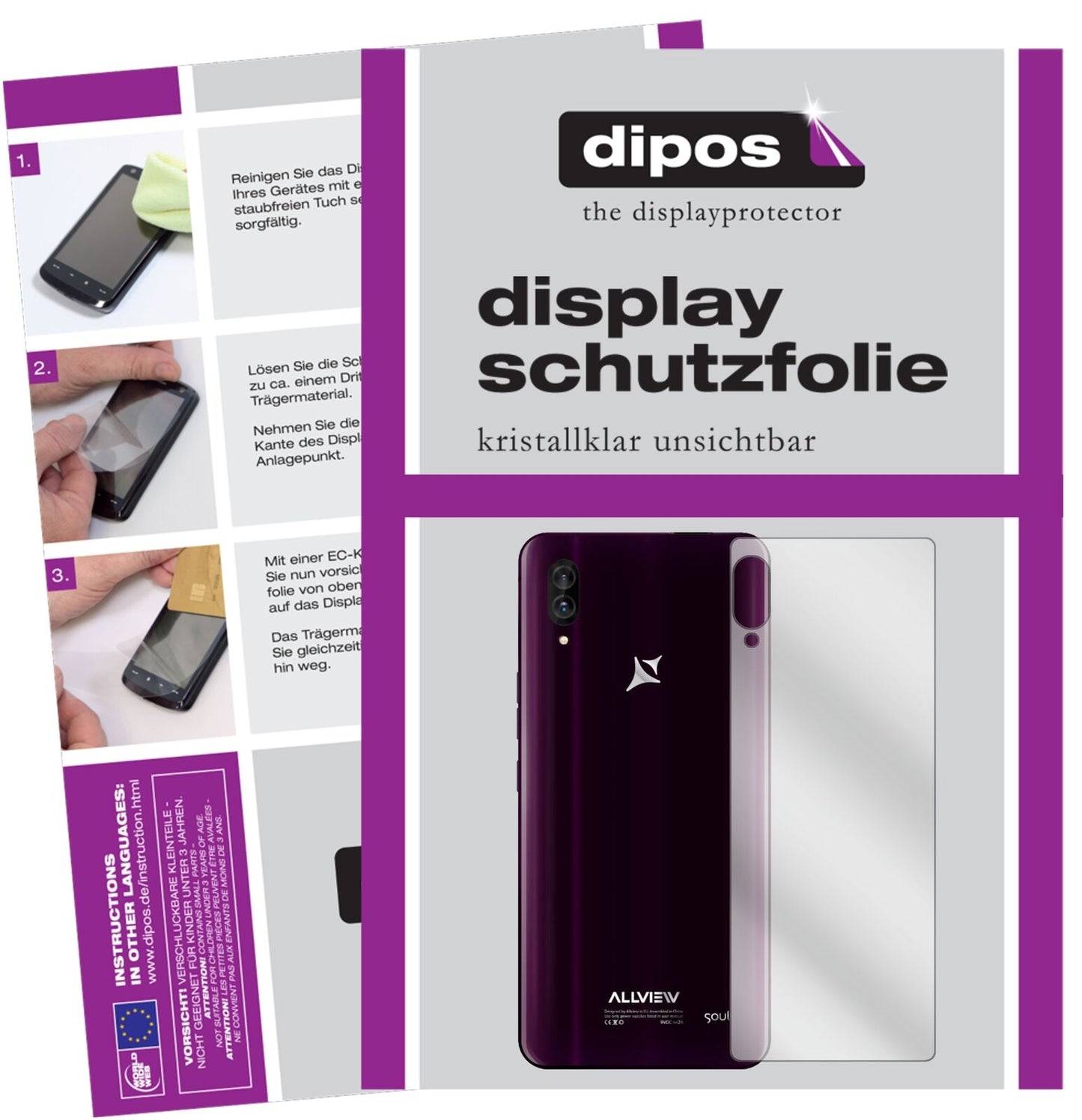 AllviewSoul X6 Xtreme Rückseite mit aufgebrachter dipos Displayschutzfolie, glasklare Darstellung ohne Einschränkungen