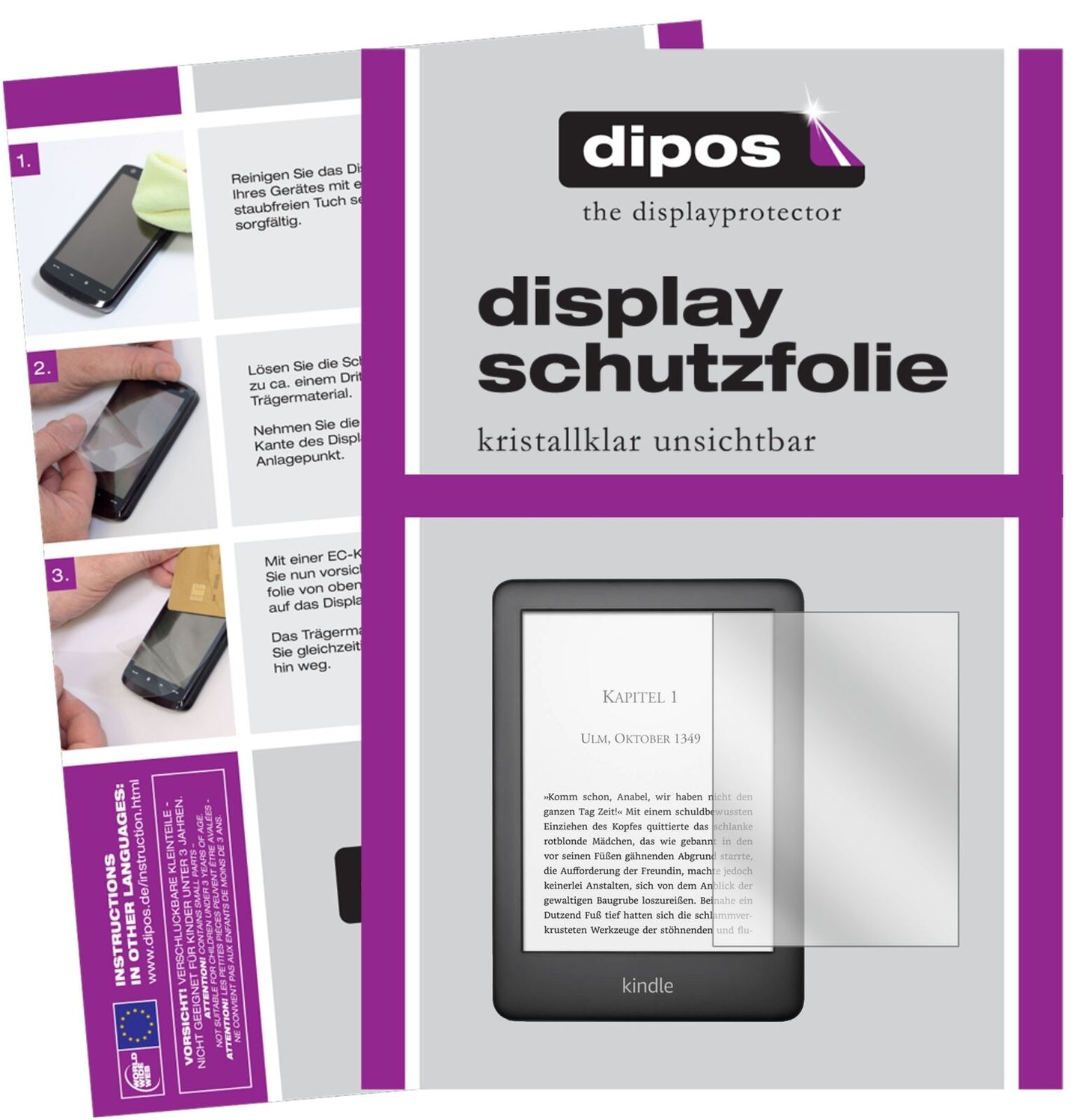 AmazonKindle E-Reader der 10. Generation (2019) mit aufgebrachter dipos Displayschutzfolie, glasklare Darstellung ohne Einschränkungen