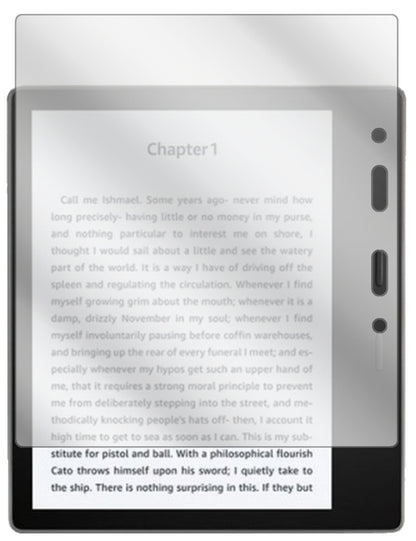 AmazonKindle Oasis (2019) mit aufgebrachter dipos Displayschutzfolie, glasklare Darstellung ohne Einschränkungen