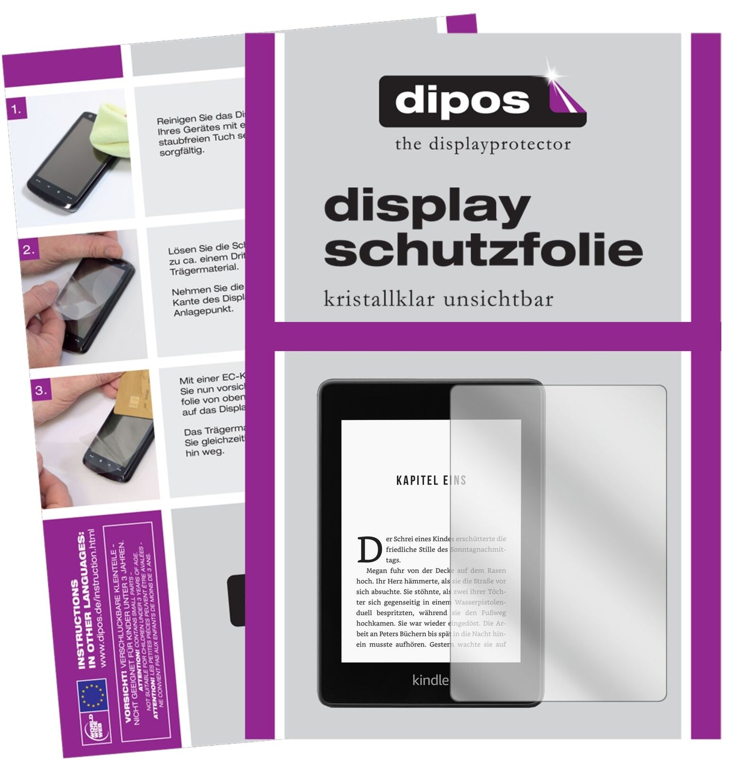 AmazonKindle Paperwhite (2018) mit aufgebrachter dipos Displayschutzfolie, glasklare Darstellung ohne Einschränkungen