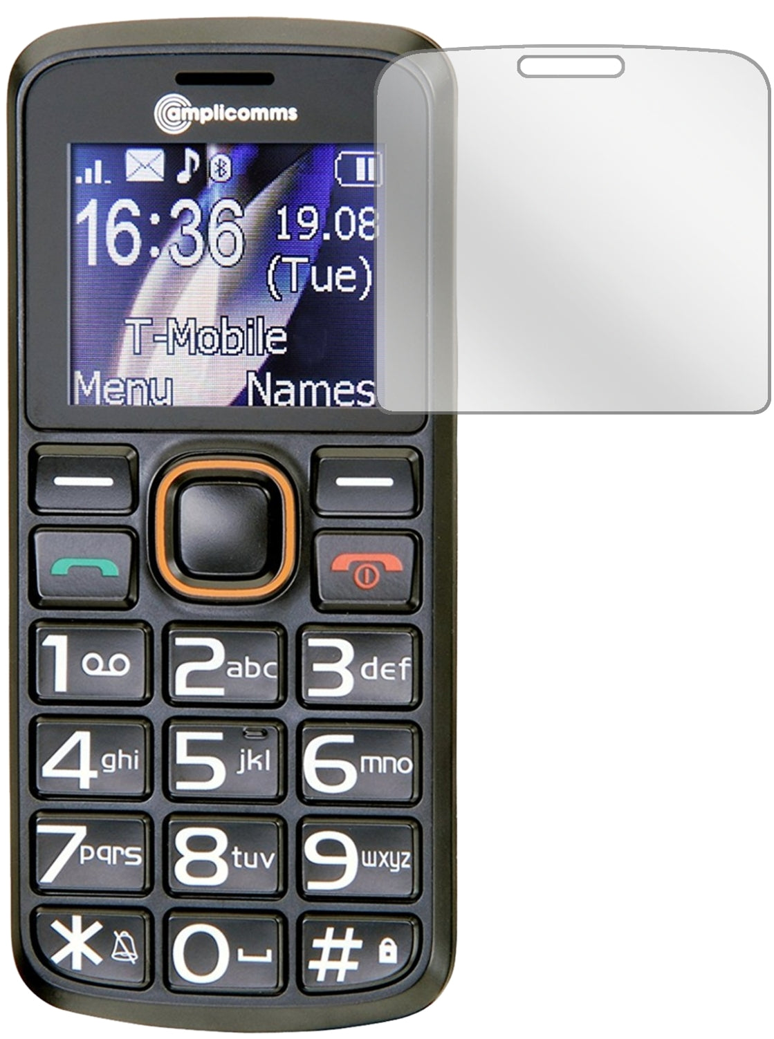 AmplicommsPowerTel M6300 mit aufgebrachter dipos Displayschutzfolie, glasklare Darstellung ohne Einschränkungen