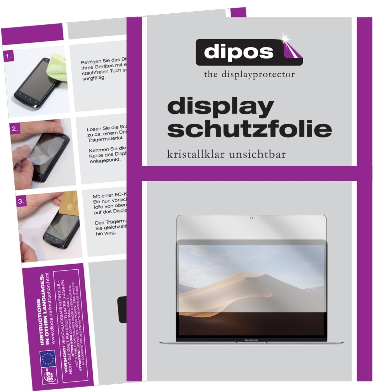 AppleMacBook Air 13 Zoll (2018) mit aufgebrachter dipos Displayschutzfolie, glasklare Darstellung ohne Einschränkungen