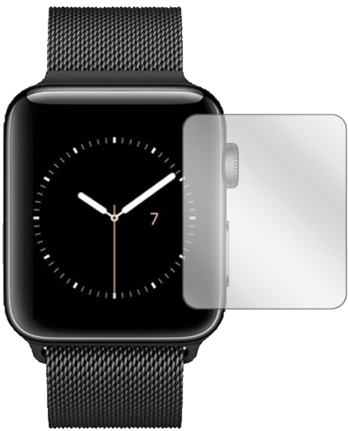 AppleWatch Series 3 42mm mit aufgebrachter dipos Displayschutzfolie, glasklare Darstellung ohne Einschränkungen