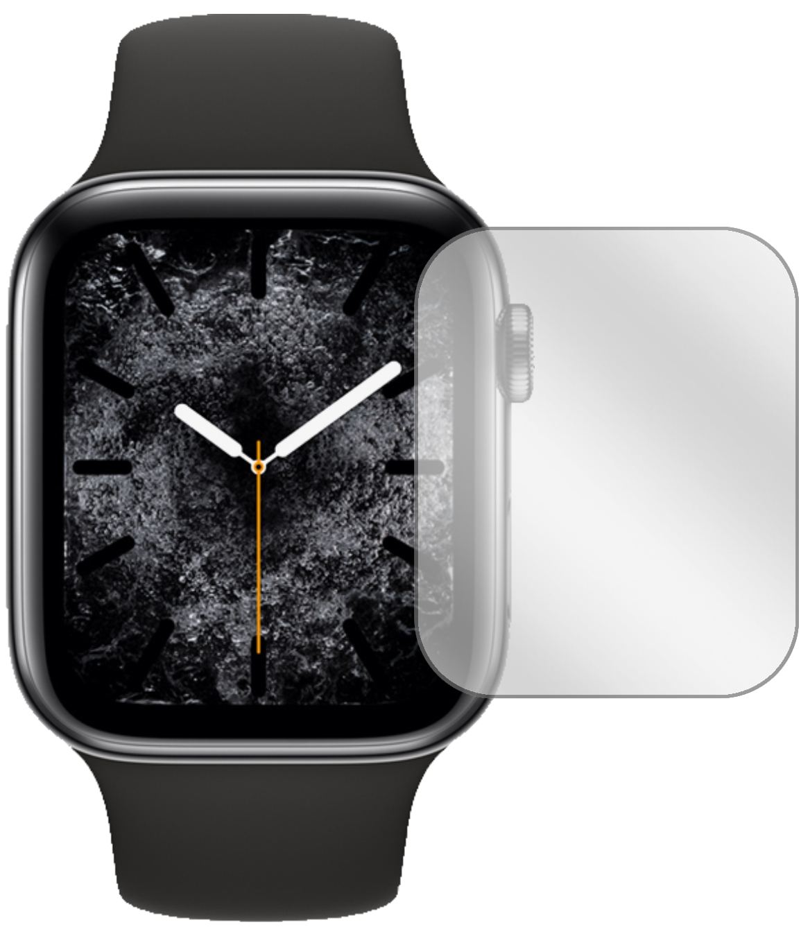 AppleWatch Series 5 (40mm) mit aufgebrachter dipos Displayschutzfolie, glasklare Darstellung ohne Einschränkungen