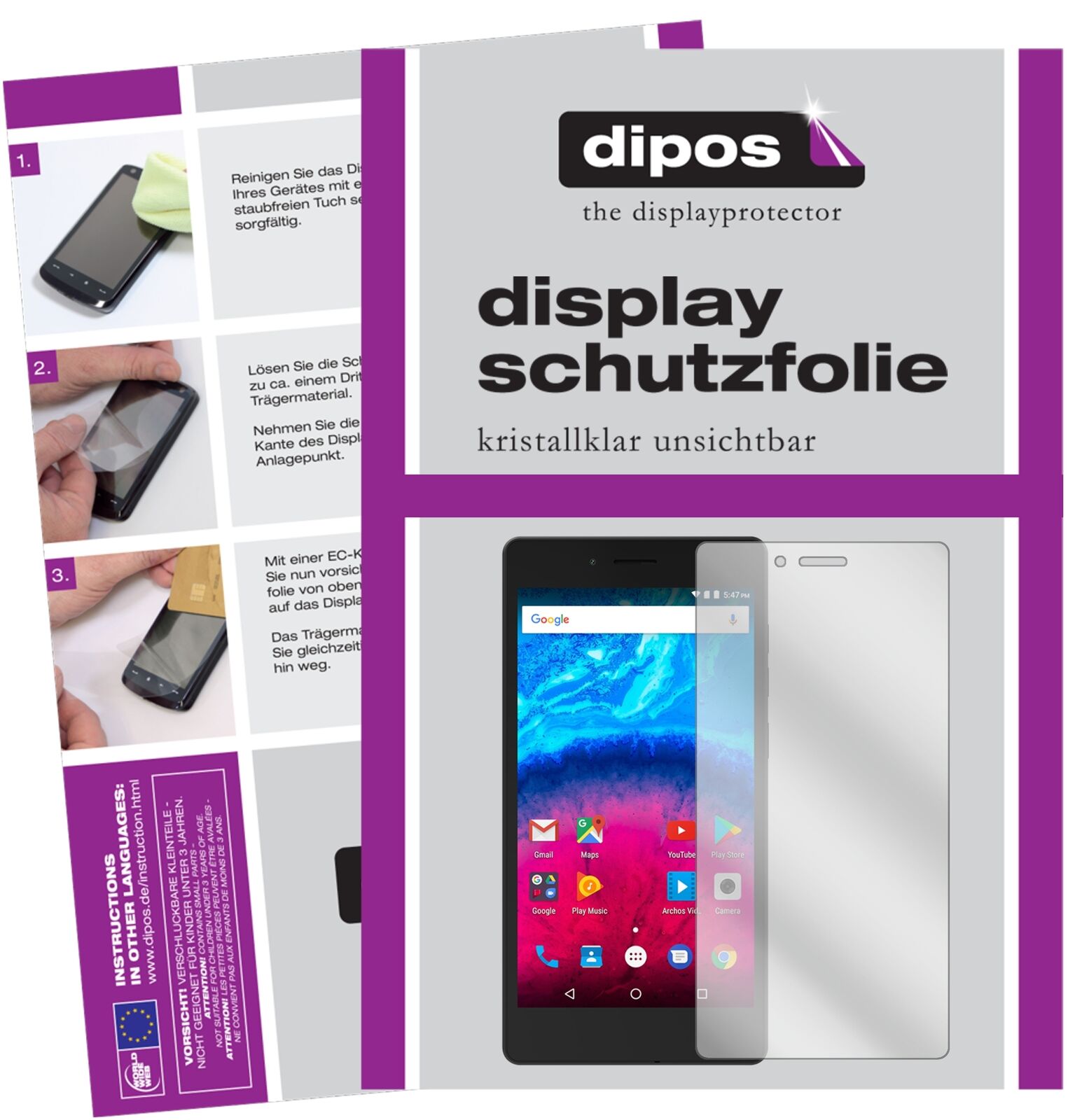 Archos50 Core 5,0 Zoll mit aufgebrachter dipos Displayschutzfolie, glasklare Darstellung ohne Einschränkungen