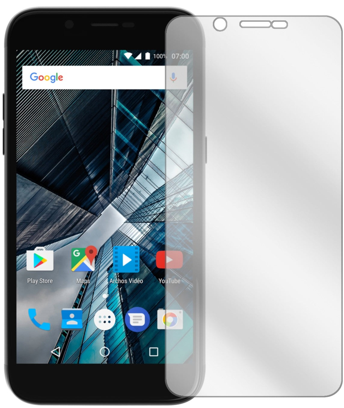 Archos55 Graphite mit aufgebrachter dipos Displayschutzfolie, glasklare Darstellung ohne Einschränkungen