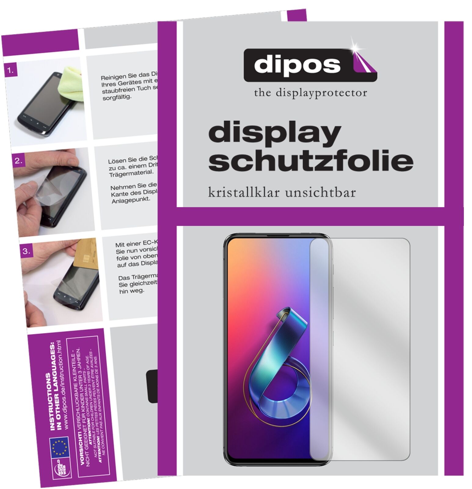 AsusZenfone 6 (ZS630KL) mit aufgebrachter dipos Displayschutzfolie, glasklare Darstellung ohne Einschränkungen