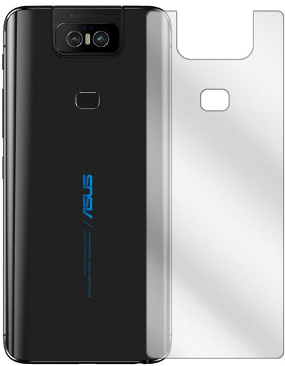 AsusZenfone 6 (ZS630KL) Rückseite mit aufgebrachter dipos Displayschutzfolie, glasklare Darstellung ohne Einschränkungen