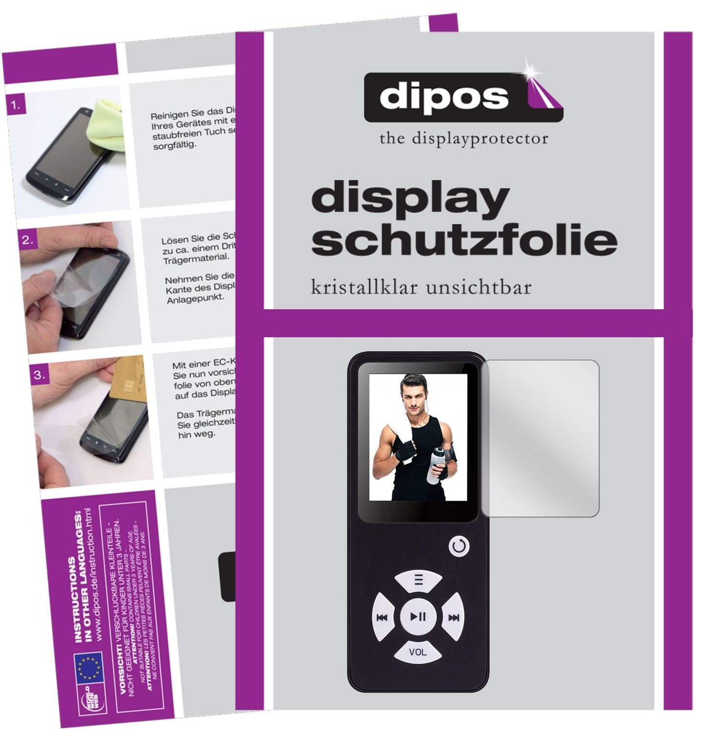 BertronicBC01 Royal MP3-Player mit aufgebrachter dipos Displayschutzfolie, glasklare Darstellung ohne Einschränkungen