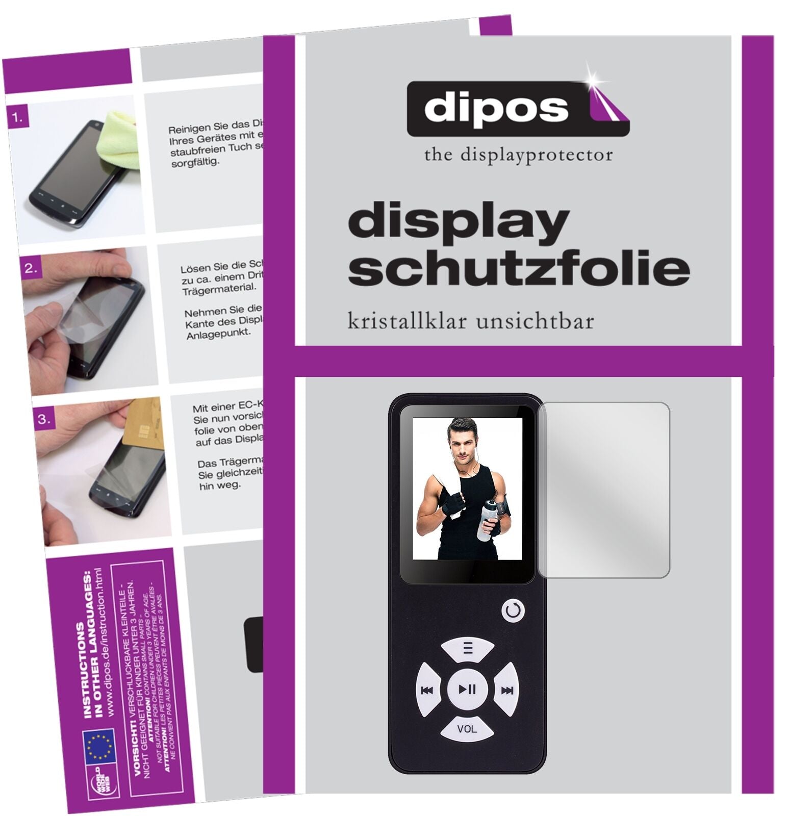 BertronicBC01 Royal MP3-Player mit aufgebrachter dipos Displayschutzfolie, glasklare Darstellung ohne Einschränkungen