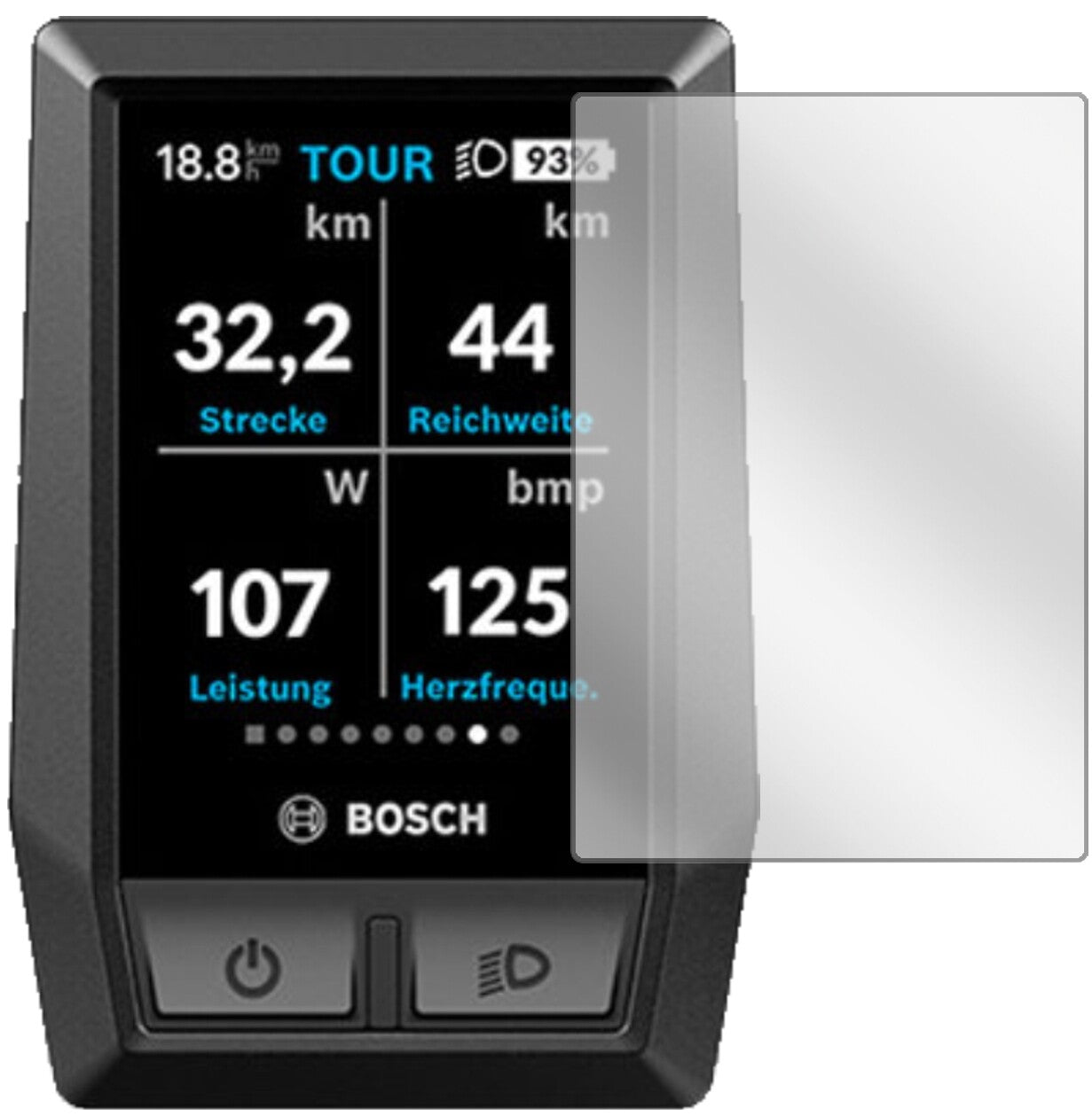 BoschKiox e-Bike Display mit aufgebrachter dipos Displayschutzfolie, glasklare Darstellung ohne Einschränkungen