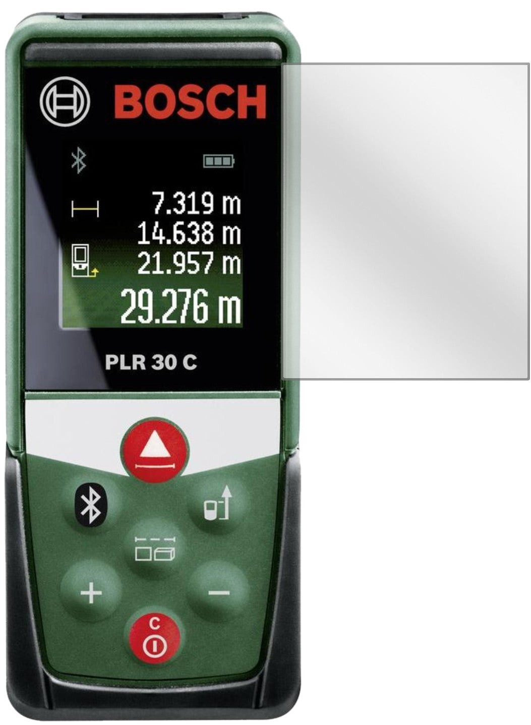BoschPLR 30 C mit aufgebrachter dipos Displayschutzfolie, glasklare Darstellung ohne Einschränkungen