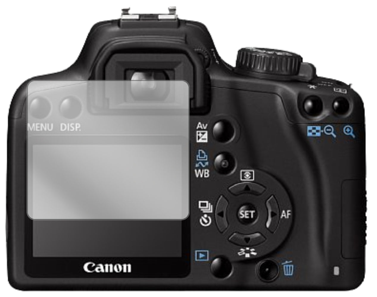 CanonEOS 1000D mit aufgebrachter dipos Displayschutzfolie, glasklare Darstellung ohne Einschränkungen