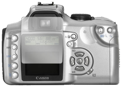 CanonEOS 300D mit aufgebrachter dipos Displayschutzfolie, glasklare Darstellung ohne Einschränkungen