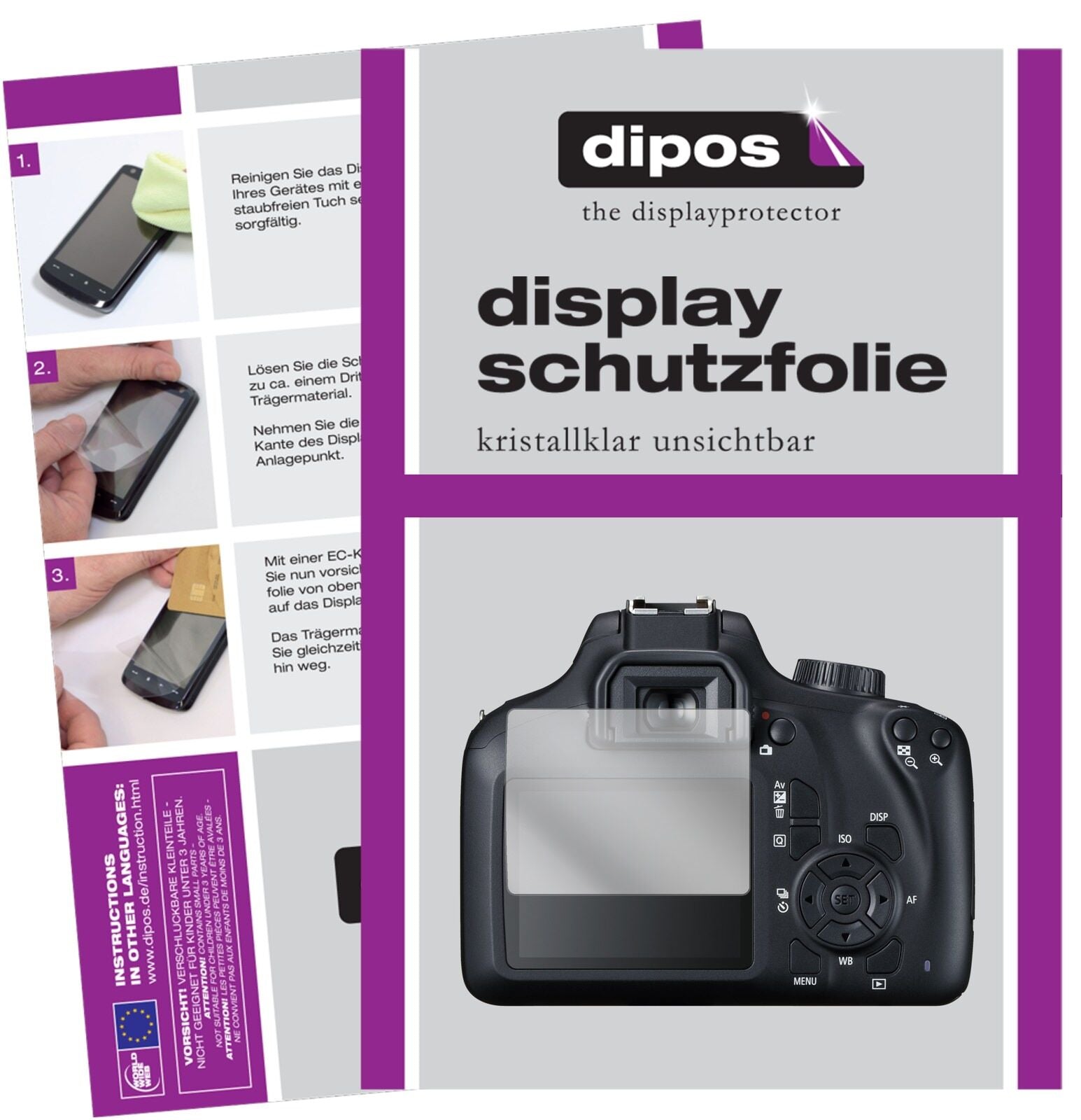 CanonEOS 4000D mit aufgebrachter dipos Displayschutzfolie, glasklare Darstellung ohne Einschränkungen