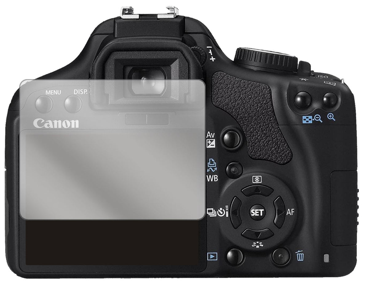 CanonEOS 500D mit aufgebrachter dipos Displayschutzfolie, glasklare Darstellung ohne Einschränkungen