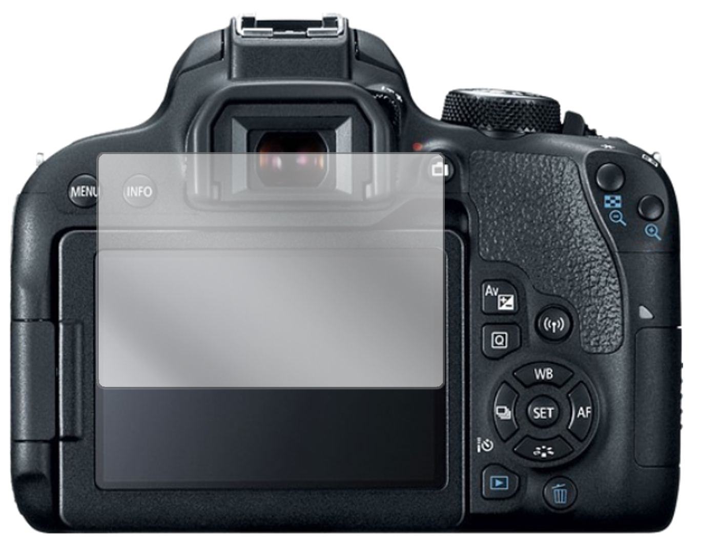 CanonEOS 800D mit aufgebrachter dipos Displayschutzfolie, glasklare Darstellung ohne Einschränkungen