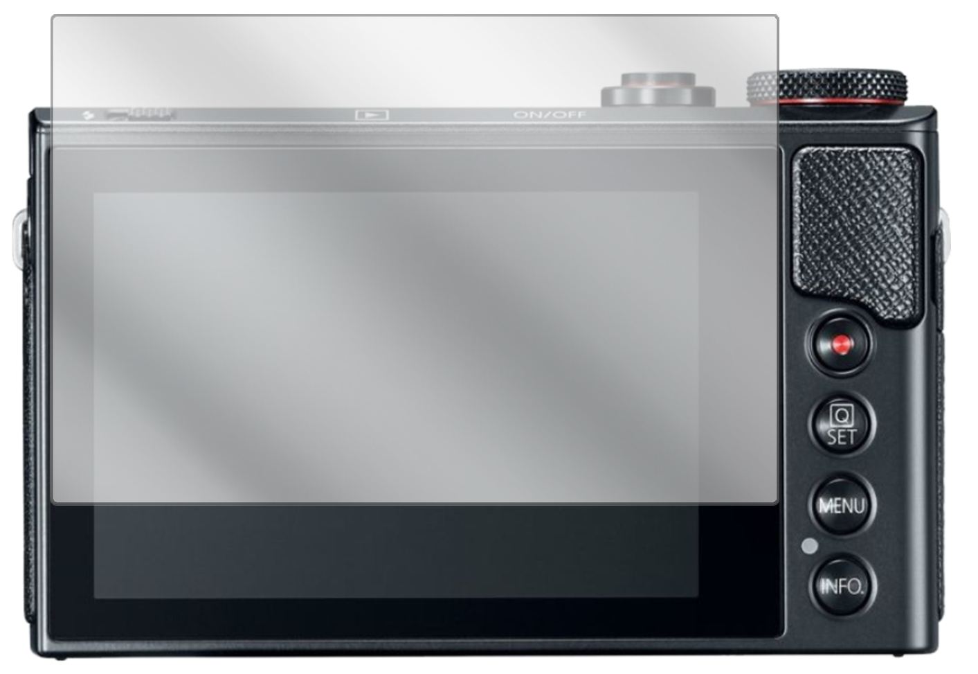 CanonPowerShot G9 X Mark II mit aufgebrachter dipos Displayschutzfolie, glasklare Darstellung ohne Einschränkungen