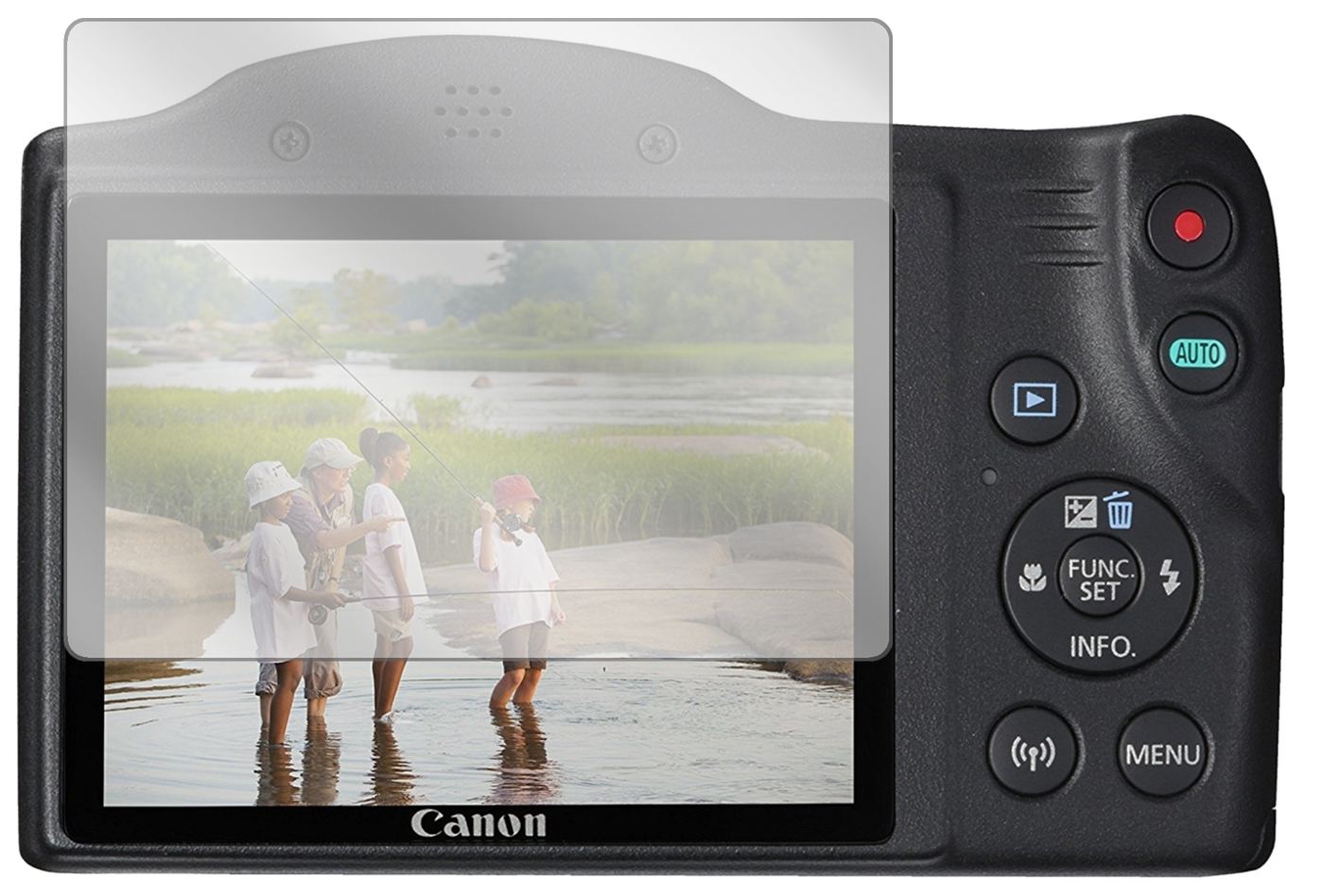 CanonPowershot SX430 IS mit aufgebrachter dipos Displayschutzfolie, glasklare Darstellung ohne Einschränkungen