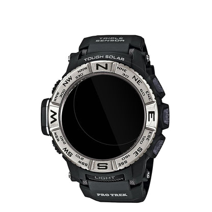 CasioPro Trek PRW-3500-1 mit aufgebrachter dipos Displayschutzfolie, glasklare Darstellung ohne Einschränkungen