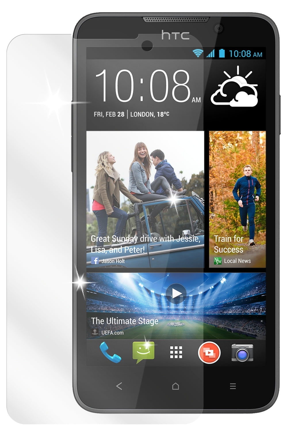 Desire 516HTC mit aufgebrachter dipos Displayschutzfolie, glasklare Darstellung ohne Einschränkungen