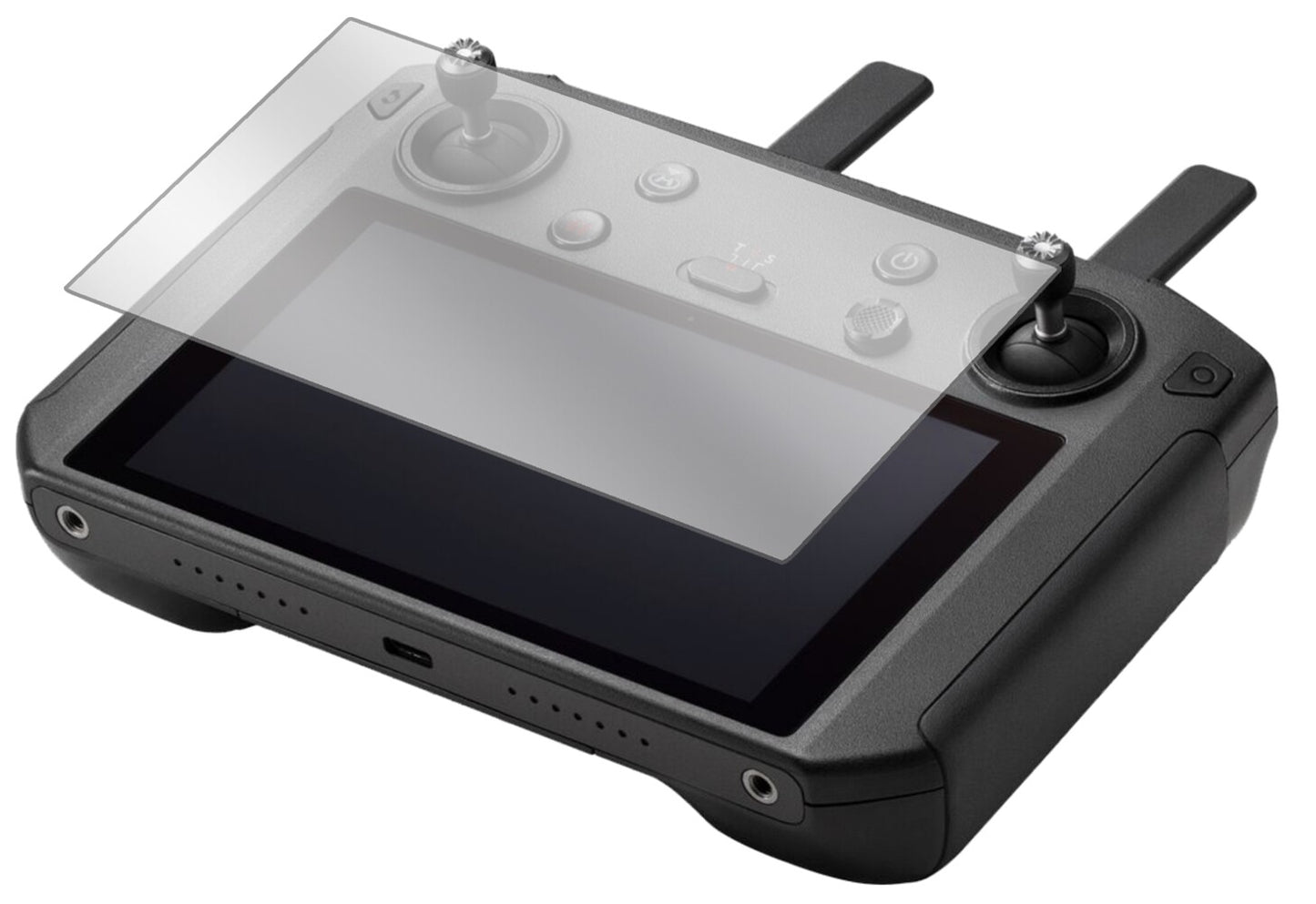 DJISmart Controller mit aufgebrachter dipos Displayschutzfolie, glasklare Darstellung ohne Einschränkungen