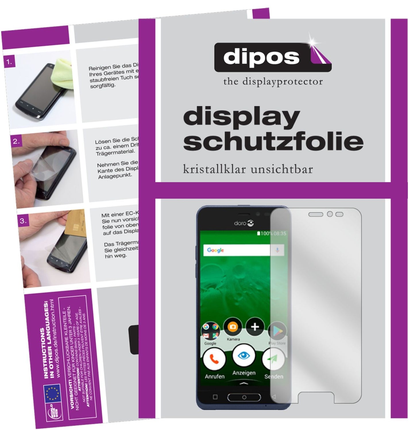 Doro8035 mit aufgebrachter dipos Displayschutzfolie, glasklare Darstellung ohne Einschränkungen