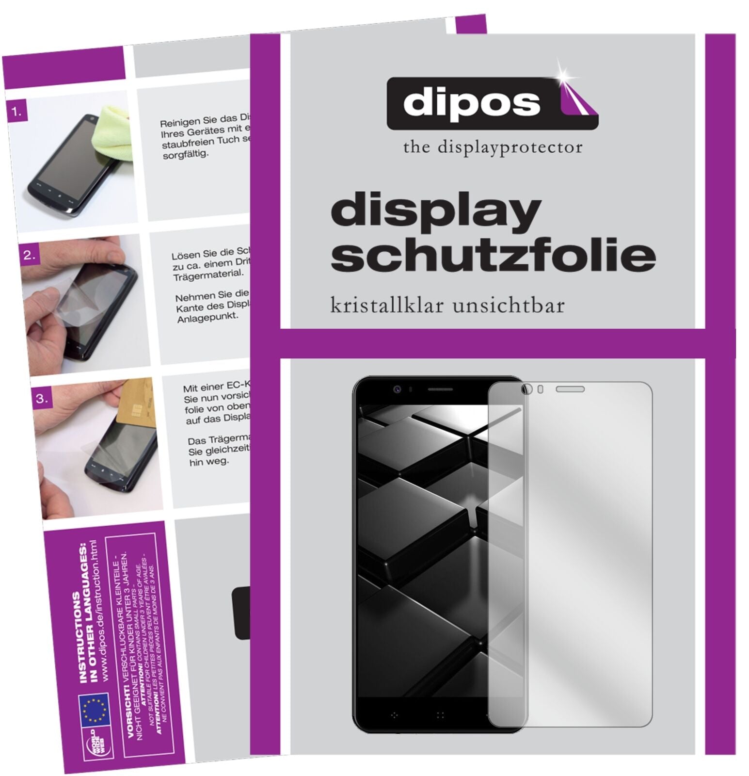 ElephoneP8 Mini mit aufgebrachter dipos Displayschutzfolie, glasklare Darstellung ohne Einschränkungen